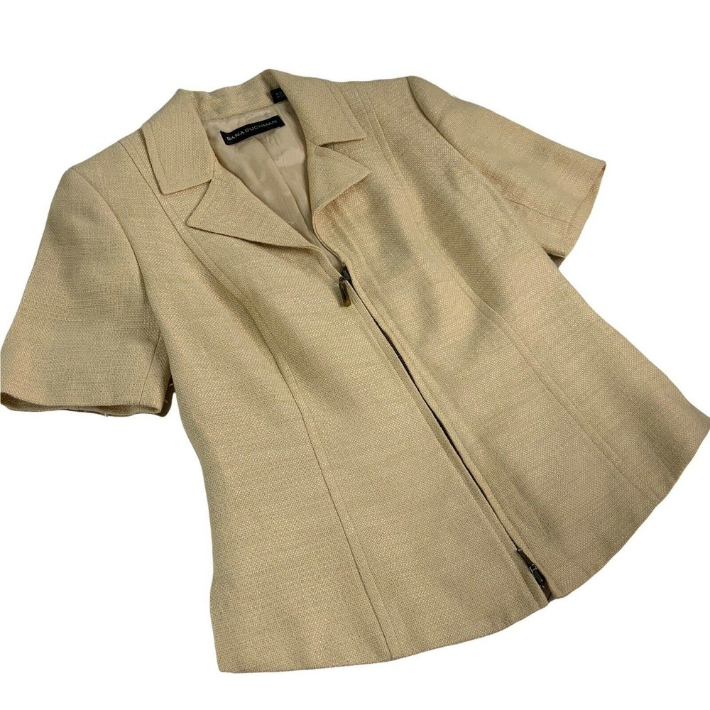 Dana Buchman Career Jacket Shirt Short Sleeve Zip Up Slit Side Tweed Wheat Sz 6